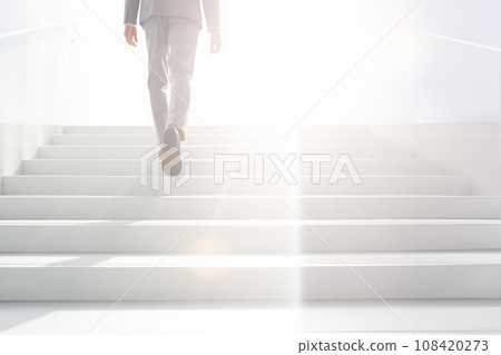 Businessman climbing the stairs towards the light 108420273