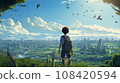 一個男孩看著一座被植物覆蓋的城市 108420594