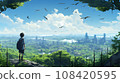一個男孩站在左邊，看著被植物覆蓋的城市 108420595