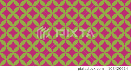 Simple geometric seamless pattern with green petals and magenta rhombus, vector 108420614