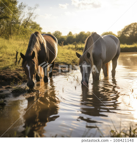 horses drinking water from a river horses drinking water from a river 108421148