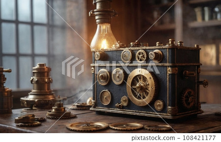 Steampunk background. Mechanisms, gears, light bulbs and clocks Steampunk background. Mechanisms, gears, light bulbs and clocks 108421177