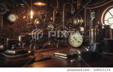 Steampunk background. Mechanisms, gears, light bulbs and clocks Steampunk background. Mechanisms, gears, light bulbs and clocks 108421179
