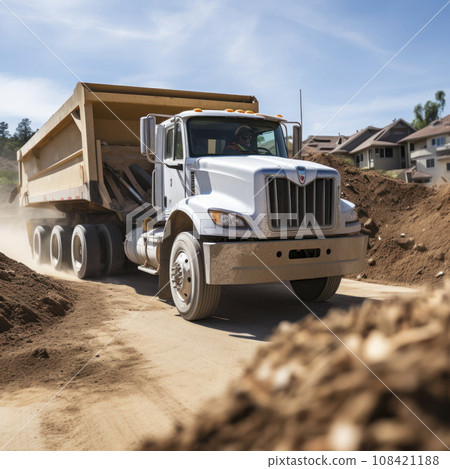dump truck emptying earth at construction site dump truck emptying earth at construction site 108421188