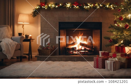 New Year's cozy evening by the burning fireplace. New Year's cozy evening by the burning fireplace. 108421201