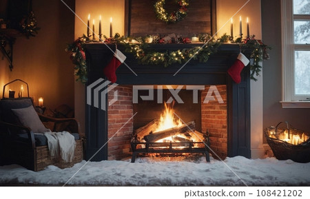 New Year's cozy evening by the burning fireplace. 108421202