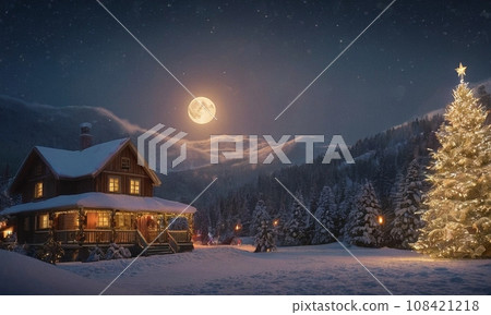 A cozy winter landscape with bright houses in the snow. Glowing Christmas tree and fireworks A cozy winter landscape with bright houses in the snow. Glowing Christmas tree and fireworks 108421218