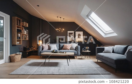 Minimalistic Scandinavian design of a cozy house with a fireplace. Bright interior with wood elements. Minimalistic Scandinavian design of a cozy house with a fireplace. Bright interior with wood elements. 108421220