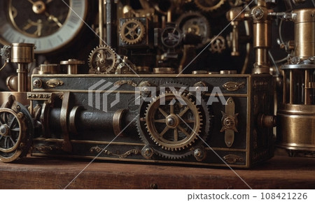Steampunk background. Mechanisms, gears, light bulbs and clocks 108421226