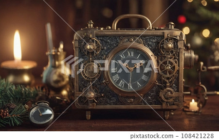 New Year in steampunk style. Mechanisms, gears and Christmas decorations 108421228