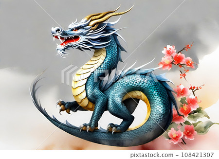 blue gold dragon and flowers 108421307