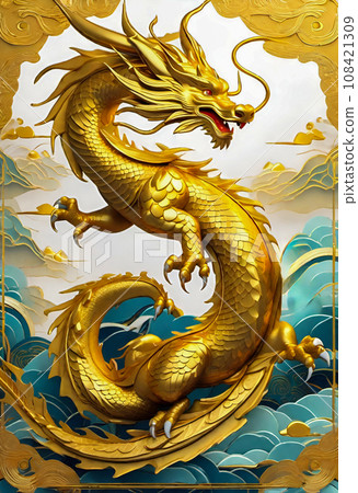 golden dragon dancing in the sky 108421309