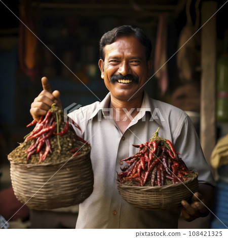 indian vendor holds his dried chile 108421325