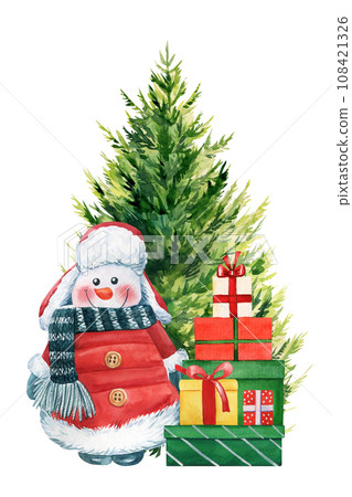 Snowman, Christmas tree and gifts on isolated white background. Hand drawn illustration. Watercolor winter poster, card 108421326