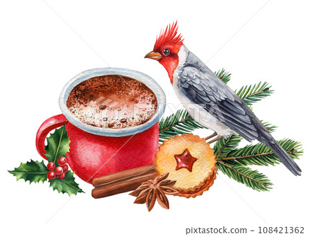 Red cardinal and sweet, watercolor bird illustration isolated on white background, Symbol of Christmas Red cardinal and sweet, watercolor bird illustration isolated on white background, Symbol of Christmas 108421362