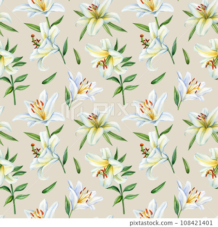 Watercolor lily, hand painted seamless pattern of white flowers and green leaves. Floral design 108421401