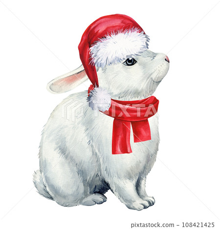 Cute bunny in red Santa hat and scarf on isolated white background, holiday watercolor illustration. Funny animal Cute bunny in red Santa hat and scarf on isolated white background, holiday watercolor illustration. Funny animal 108421425