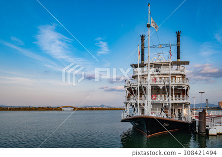 Tourist boat Michigan moored at Otsu Port in Lake Biwa Tourist boat Michigan moored at Otsu Port in Lake Biwa 108421494