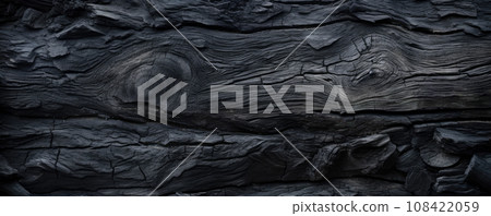 Burned wood texture background, wide banner of charred black timber. Abstract pattern of dark scorched tree. Concept of charcoal, smoke, coal, grill, embers, fire, barbecue, grunge 108422059