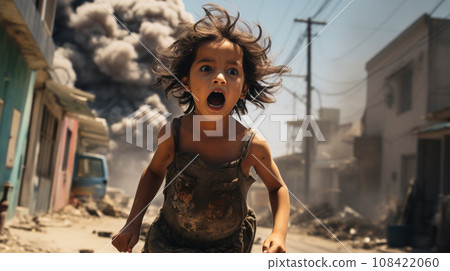 Scared Arab child runs down street from explosion, little girl escapes rocket attack in Middle East. Face of unhappy screaming kid. Concept of Palestine Israel  war, missile strike. Scared Arab child runs down street from explosion, little girl escapes rocket attack in Middle East. Face of unhappy screaming kid. Concept of Palestine Israel  war, missile strike. 108422060