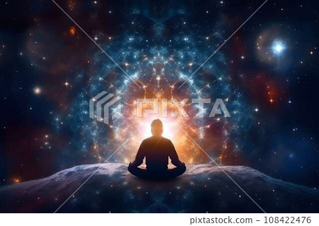 Illustration of a man meditating on a full moon night Illustration of a man meditating on a full moon night 108422476