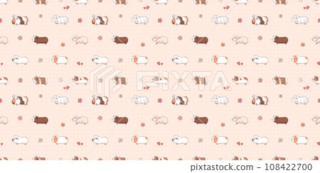 Adorable Guinea Pigs Seamless Pattern. Cute Child Design, Domestic Pet Shop Animals Wallpaper, Playful Hamster Guinea Pig with Flowers and Hearts Background Illustration. Adorable Guinea Pigs Seamless Pattern. Cute Child Design, Domestic Pet Shop Animals Wallpaper, Playful Hamster Guinea Pig with Flowers and Hearts Background Illustration. 108422700