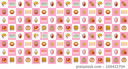 Retro Pixel Food Pattern. Seamless Fast-food Icons, Y2k Game Snack Treats Design, Pixelated Desserts and Drinks Wallpaper Seamless Background Illustration. Retro Pixel Food Pattern. Seamless Fast-food Icons, Y2k Game Snack Treats Design, Pixelated Desserts and Drinks Wallpaper Seamless Background Illustration. 108422704