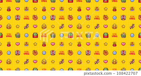 Chinese New Year Seamless Pattern in Pixel Art Retro 8bit Style. Cartoon Festive Ornament For Lunar Chinese New Year Decoration. Yellow Grid Asian Vector Game Arcade Motif. Dragon Mask, Red Envelope. 108422707