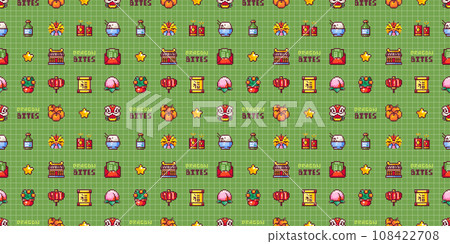 Chinese New Year Seamless Pattern in Pixel Art Retro 8bit Style. Cartoon Festive Ornament For Lunar Chinese New Year Decoration. Green Grid Asian Vector Game Arcade Motif. Dragon, Lanterns, Mandarin. 108422708