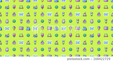 Pixel Art Seamless Pattern. Retro Gaming Icons, High Level Game Elements, Vintage 8bit Arcade Background Design. Ice Cream, Summer Bikini, Retro Gadget, Sweets and Cute Yummy Items. 108422729