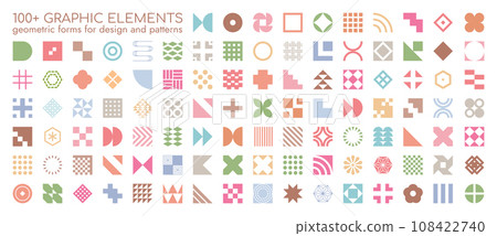 Abstract geometric shapes Collection. Aesthetic shapes, figures, stars, flowers, lines, waves, and other simple elements. Bauhaus minimal design. 108422740