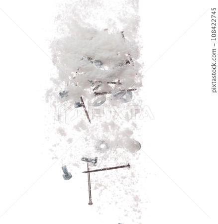 Nail spike Nut bolts sharp object under snow on road. Dangerous sharpen nail glass object hidden in snow. Snow fall with risk accident hazard cover trash garbage debris. White background isolated Nail spike Nut bolts sharp object under snow on road. Dangerous sharpen nail glass object hidden in snow. Snow fall with risk accident hazard cover trash garbage debris. White background isolated 108422745