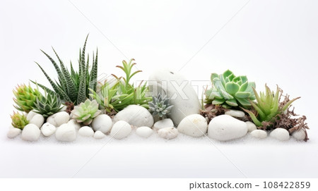 A miniature garden of colorful succulents and white rocks on a white background. The garden is composed of different types of succulent plants in shades of green, pink, and purple A miniature garden of colorful succulents and white rocks on a white background. The garden is composed of different types of succulent plants in shades of green, pink, and purple 108422859