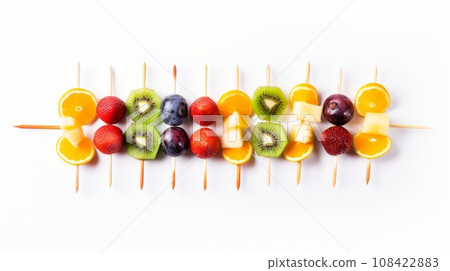 Vitamin-rich, luscious fruit skewers The idea of a balanced diet and eating style, white background 108422883
