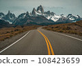 Fitzroy, a mountain representing the Patagonia region in southern Argentina, and the straight road leading to it 108423659
