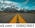 Fitzroy, a mountain representing the Patagonia region in southern Argentina, and the straight road leading to it 108423663