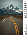 Fitzroy, a mountain representing the Patagonia region in southern Argentina, and the straight road leading to it 108423664