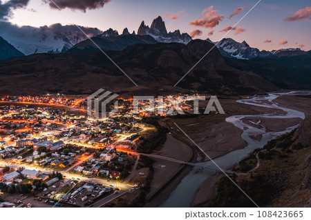 An observation deck that offers a panoramic view of Fitz Roy, a mountain representing the Patagonia region in southern Argentina, and the city lights. An observation deck that offers a panoramic view of Fitz Roy, a mountain representing the Patagonia region in southern Argentina, and the city lights. 108423665