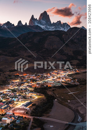 An observation deck that offers a panoramic view of Fitz Roy, a mountain representing the Patagonia region in southern Argentina, and the city lights. 108423666