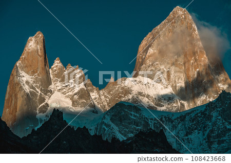 Looking up close at Fitz Roy, a mountain representing the Patagonia region in southern Argentina Looking up close at Fitz Roy, a mountain representing the Patagonia region in southern Argentina 108423668