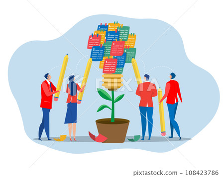 Brainstorming concept ,Team work business people brainstorm with sticky notes combined to bright lightbulb new idea for discussion, meeting , training course class workshop discover solutionflat vecto 108423786