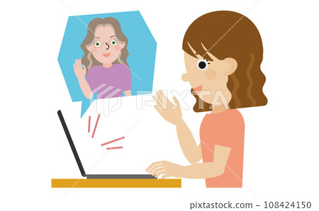 Profile of a Japanese woman greeting a foreign teacher online with one hand raised Profile of a Japanese woman greeting a foreign teacher online with one hand raised 108424150