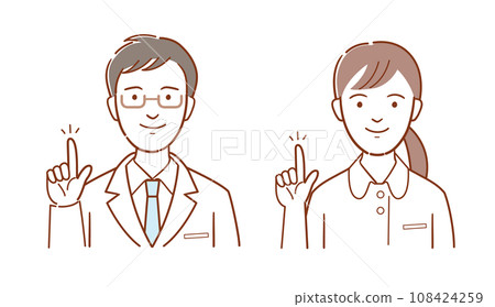 醫生（或藥劑師）和穿著白大褂的護士指著的插圖 108424259