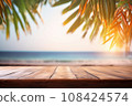 Tranquil coastal scenery with palm trees and natural beauty viewed from a wooden table. A perfect getaway. Generative AI. 108424574
