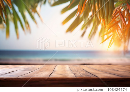 Tranquil coastal scenery with palm trees and natural beauty viewed from a wooden table. A perfect getaway. Generative AI. 108424574