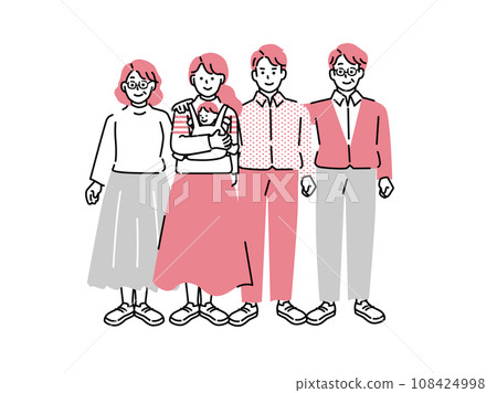Family illustration (family of 5, future, childcare, old age, loan, savings, own home, 3 generations, baby) 108424998