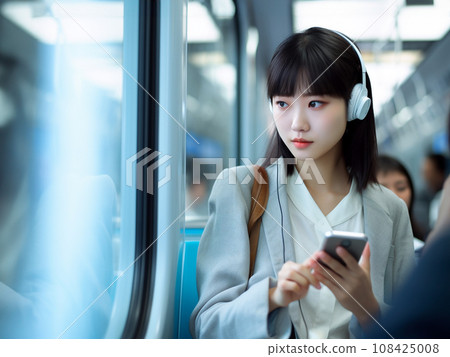A woman using a smartphone in a car 108425008