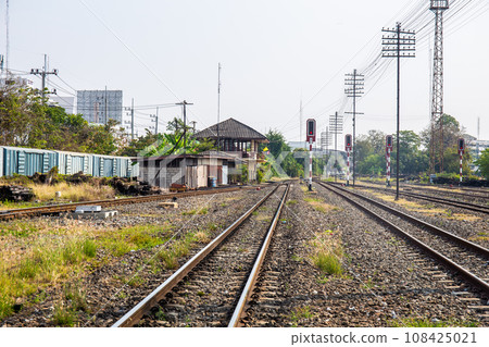 Railway tracks with many intersections and traffic lights for diesel locomotives. Railway tracks with many intersections and traffic lights for diesel locomotives. 108425021