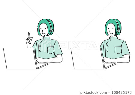 Female doctor/nurse wearing an intercom operating a PC 108425173