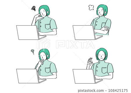 Female doctors and nurses with various facial expressions operating a PC 108425175